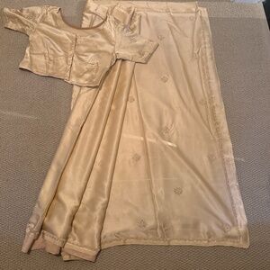 Cream/Golden Beige Satin Embroidered Saree